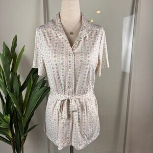 Vintage Floral Stripe Button Down Women Small White Short Sleeve Tie Cottagecore
